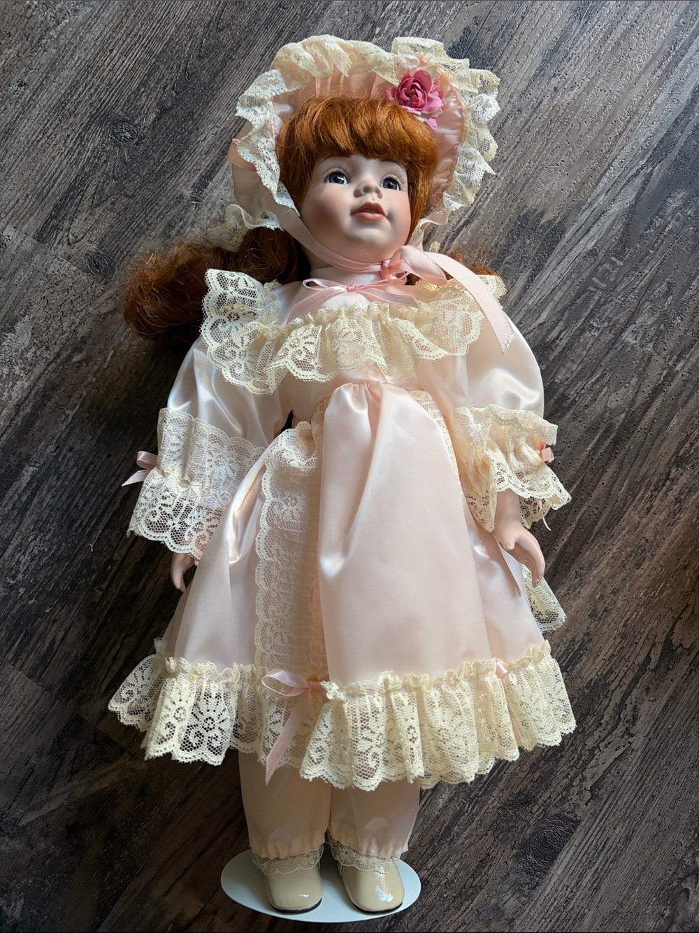 Porcelain Doll in Pale Pink Lace Dress - Classic Collectible